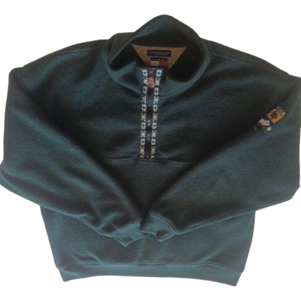 Men's Large Green Hilfiger Norway Qtr zip Mock Turtleneck Sweatshirt